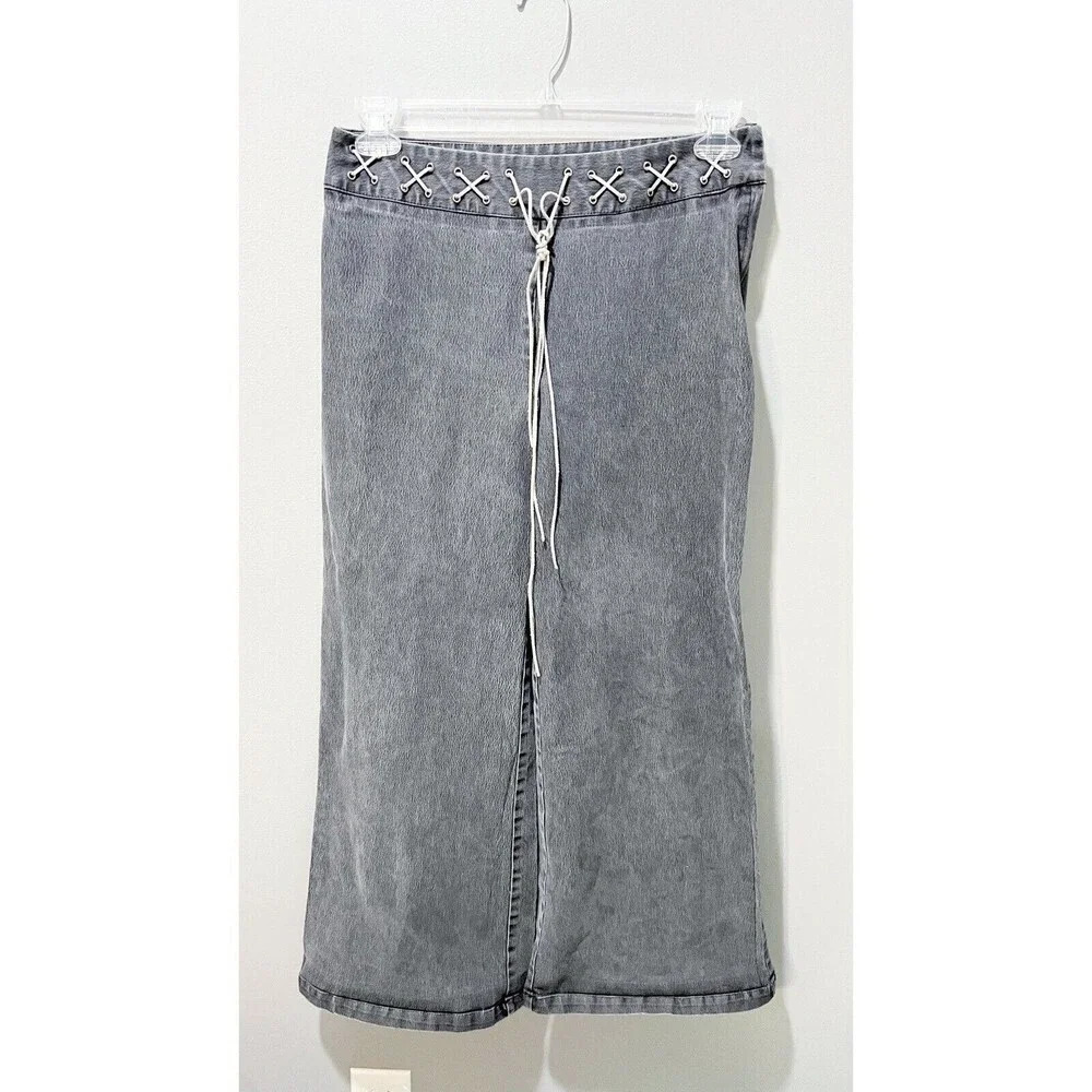Y2K Women’s Wide Leg Gray Pants Mid-Rise Suede Belt Hippie Boho 10 Vintage - Picture 1 of 12